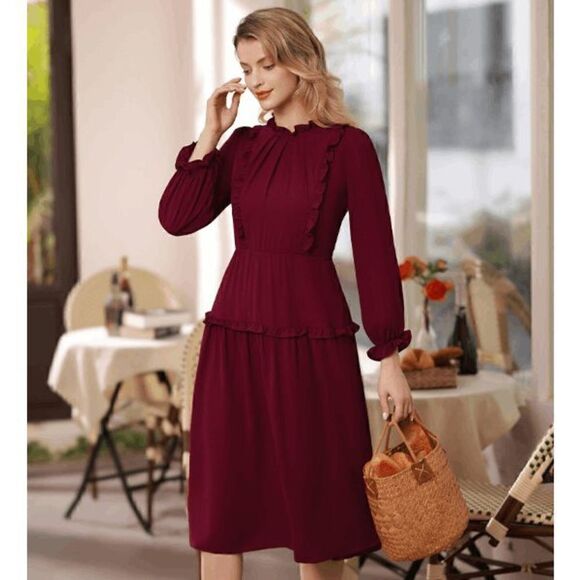 NWT Modest Elegant Long Sleeve Retro Vintage Victorian Ruffle Red Midi Dress L - Picture 3 of 16